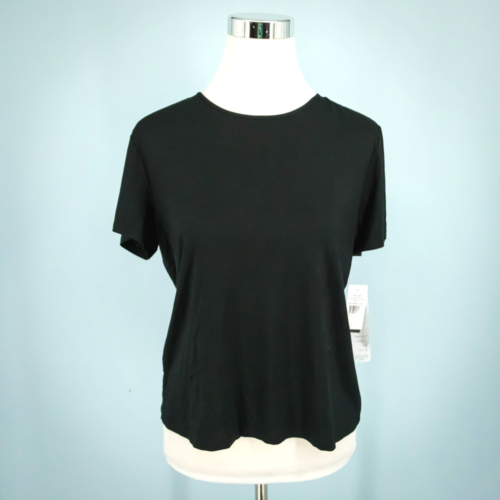 Natori Size Medium M Black Feathers Element Crew Neck Short Sleeve Knit Top NEW
